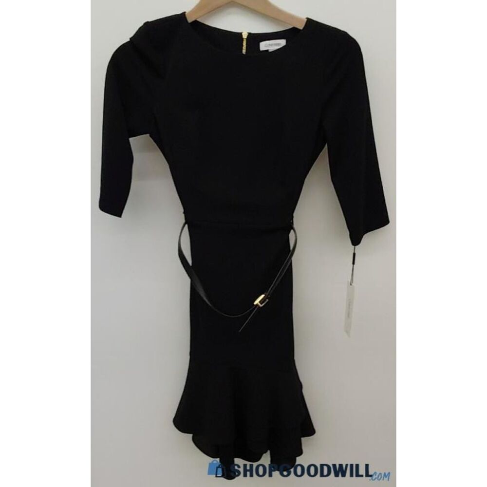 Calvin Klein Dress 3/4/-sleeve ruffled hem with Belt sheath dress size 6 New